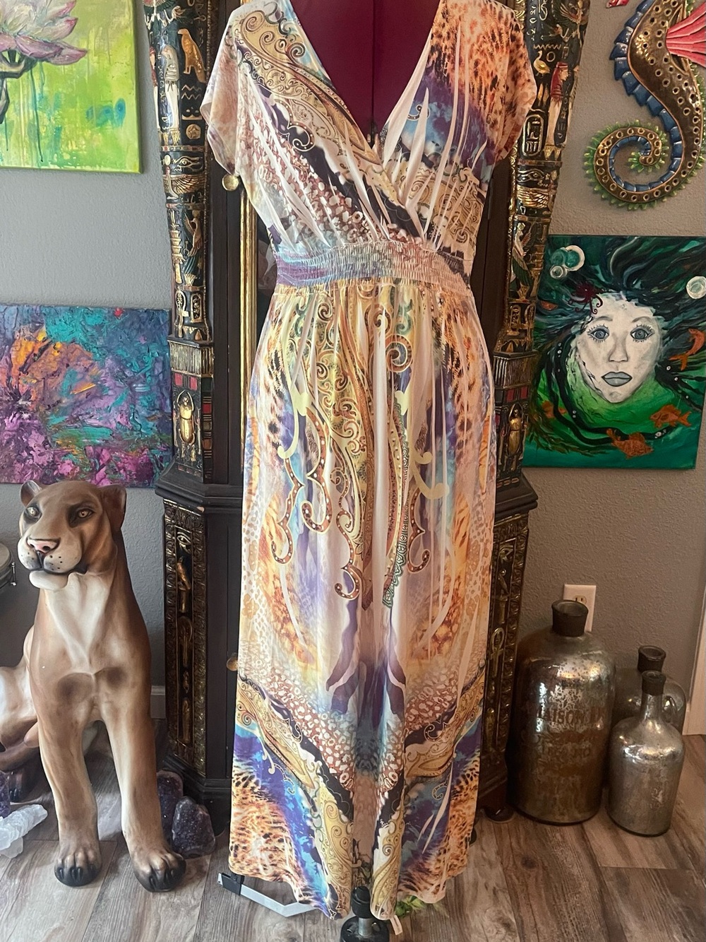 Multicolor V-Neck Boho Maxi Dress with Swirl Print